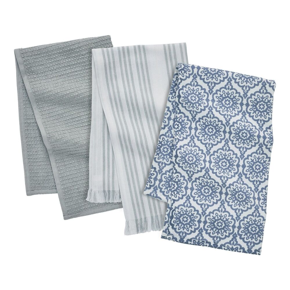My Texas House Kitchen Towels Stripe Medallion Tassel Blue Gray 3-Pc Cotton Gift